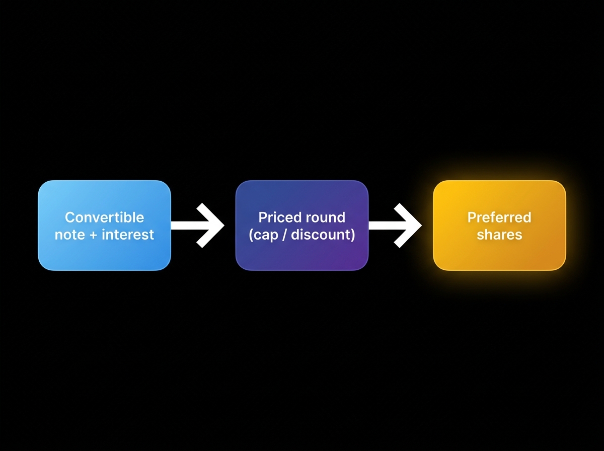 How a convertible note converts: principal plus accrued interest converts at the next priced round, applying the valuation cap or discount, into preferred shares