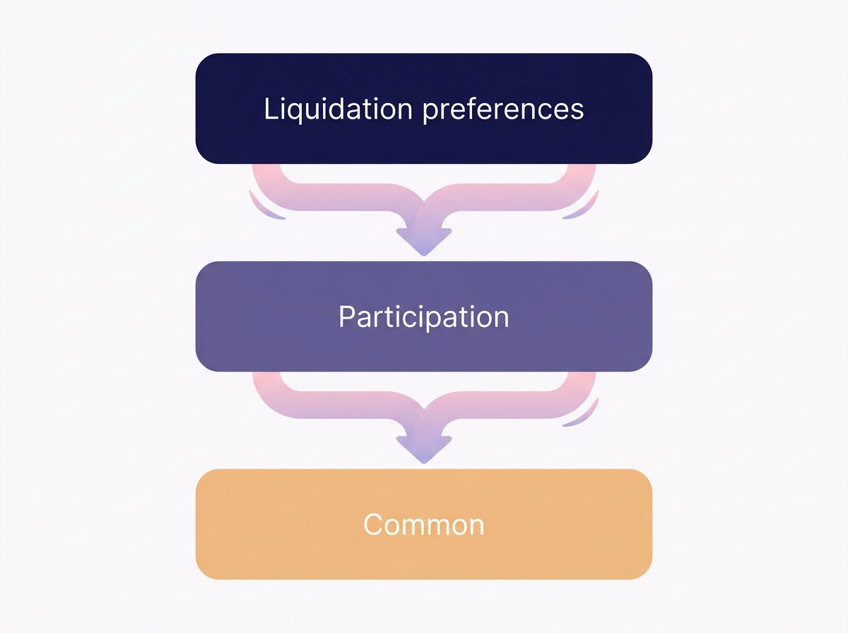 Exit waterfall: liquidation preferences are paid first, then participation rights, then common stock