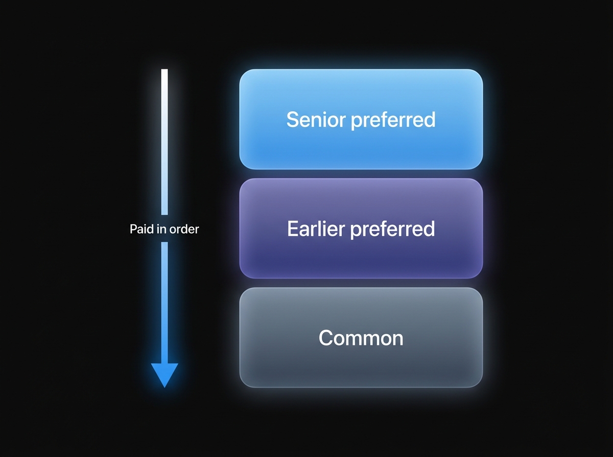 Liquidation preference seniority: senior preferred is paid first, then earlier preferred series, with common stock paid last from remaining proceeds