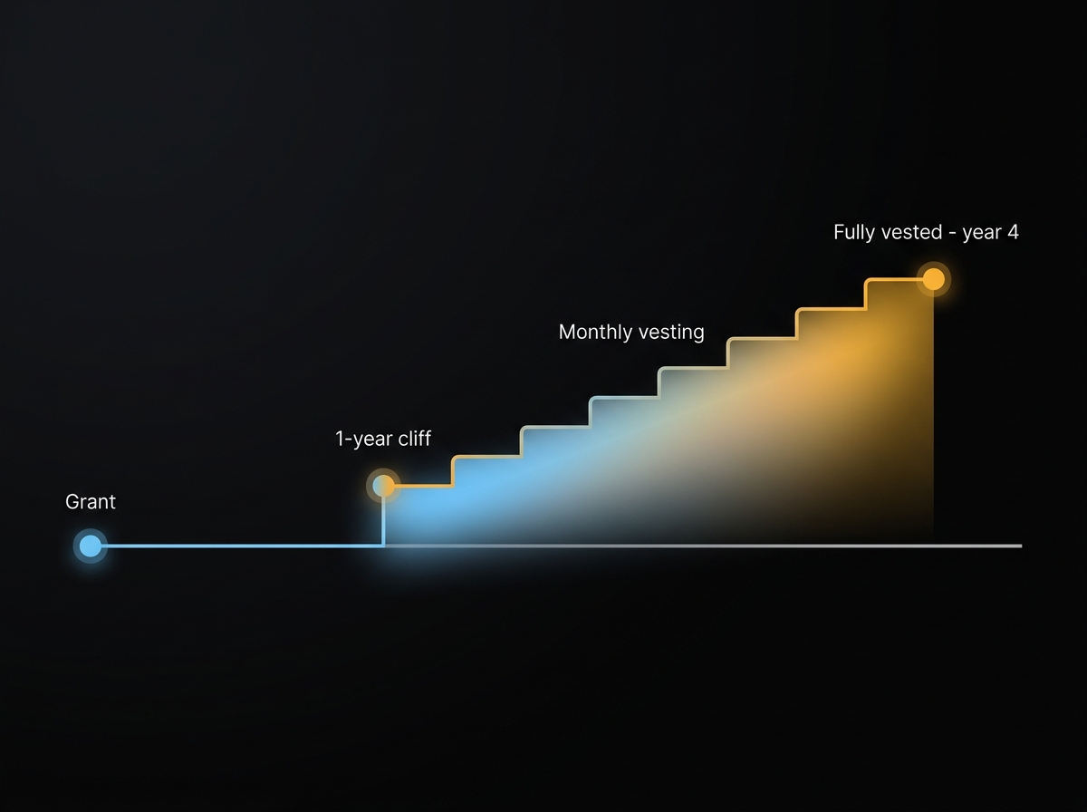 Standard four-year vesting schedule with a one-year cliff: nothing vests before the cliff, then equity vests monthly through year four
